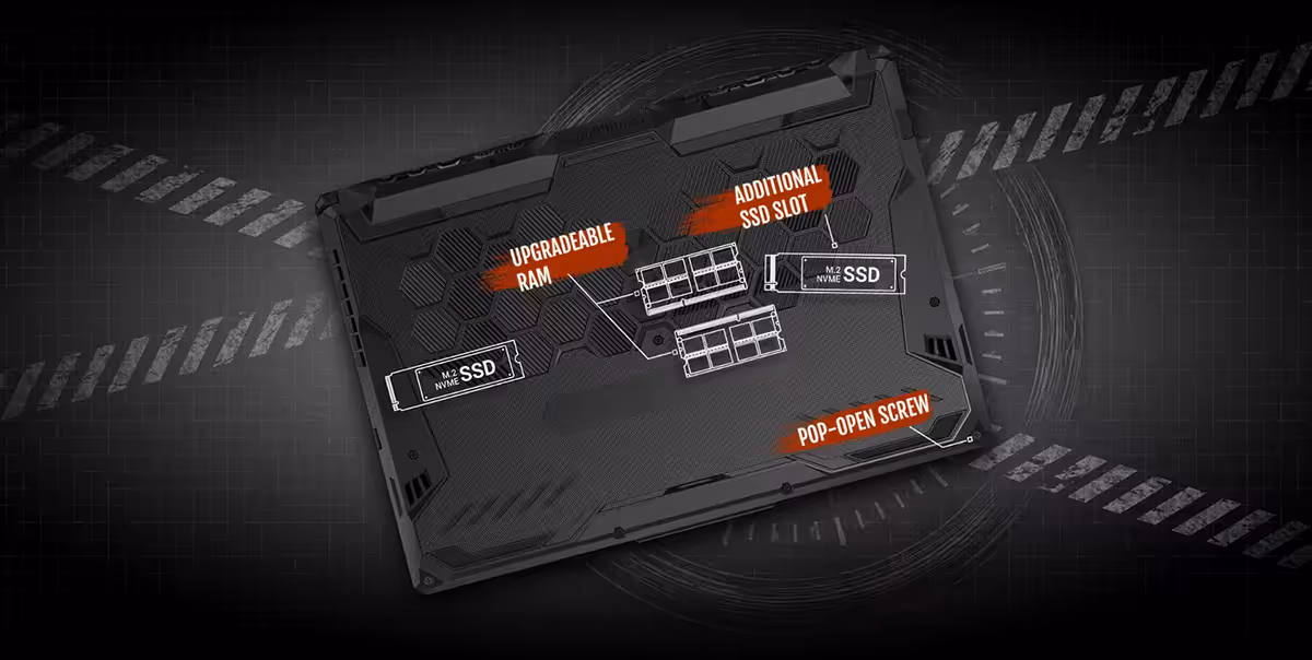 Internal hardware layout showing easy access to RAM and PCIe SSD slots for upgrades