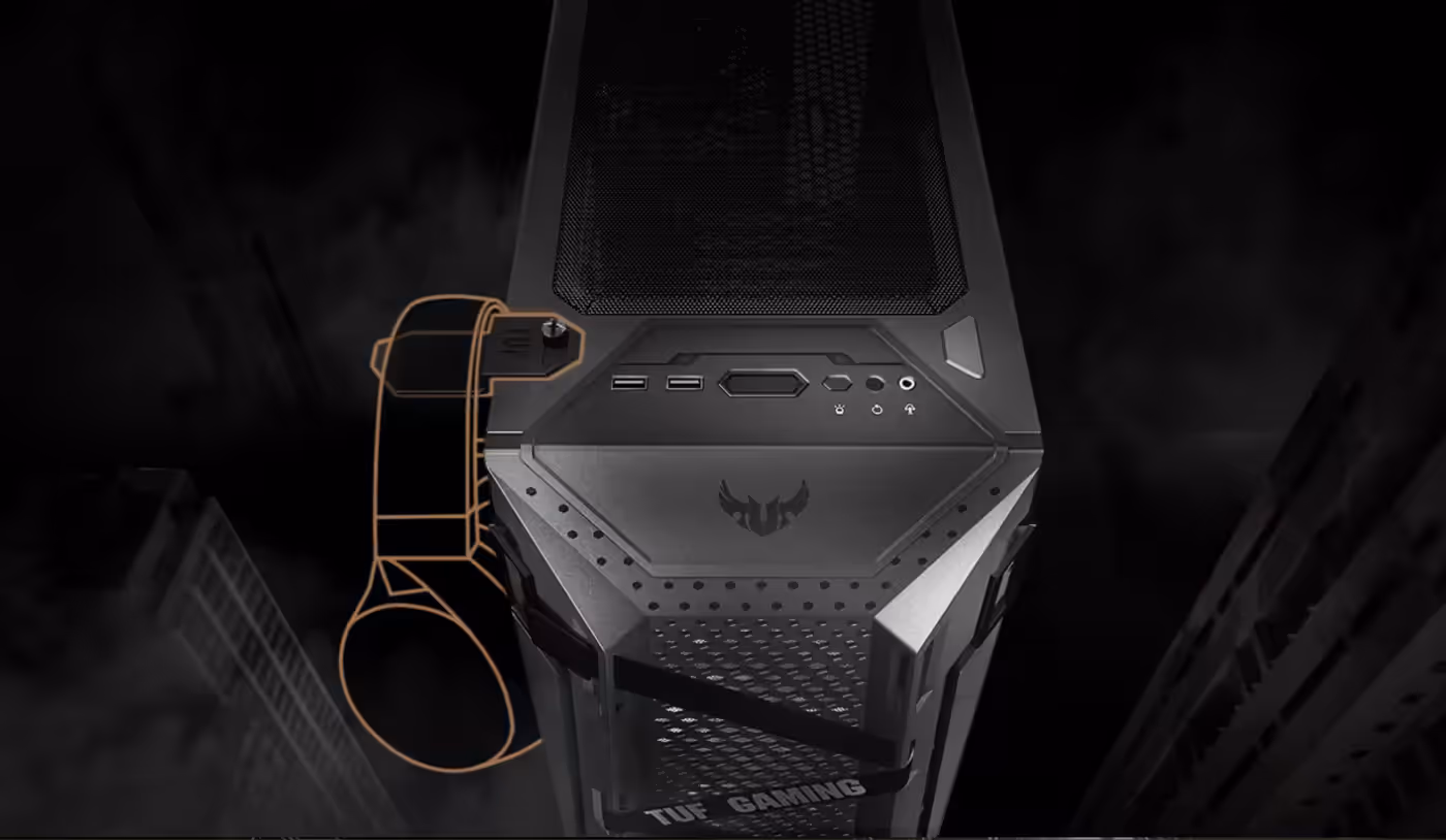 ASUS TUF Gaming GT301 featuring a side-mounted gaming headset hook