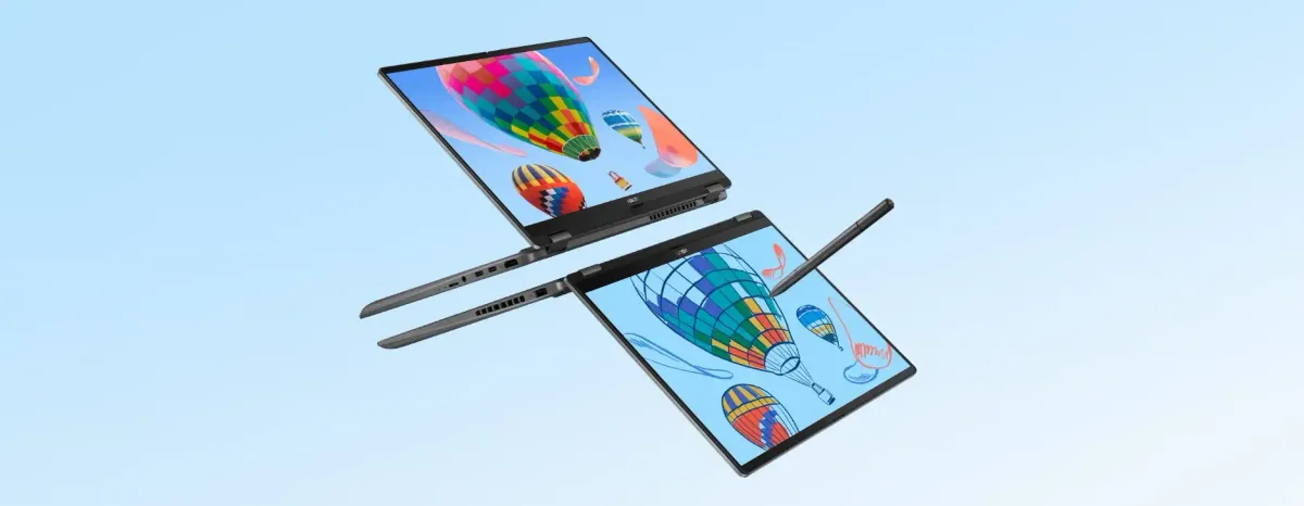 Two ASUS Vivobook 14 Flip laptops floating in the air.