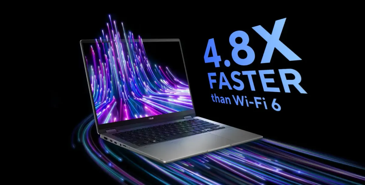 ASUS Vivobook 14 Flip showing 4.8x faster Wi-Fi 7 performance visuals