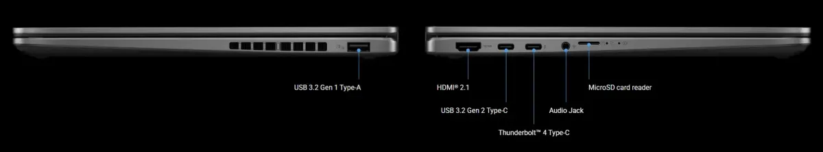Two ASUS Vivobook 14 Flips placed in different angles to show the I/O ports on both sides.