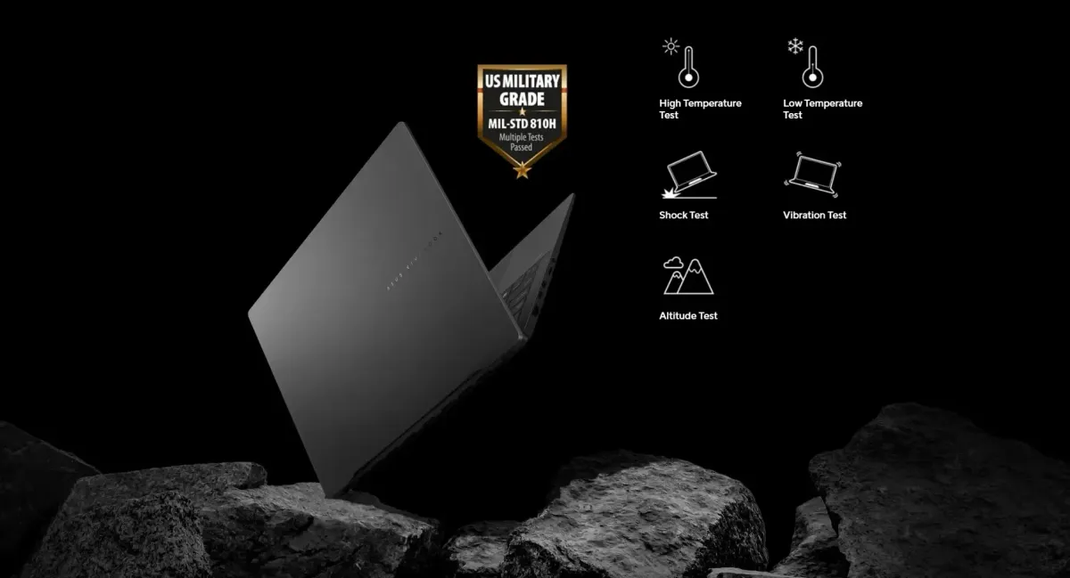 ASUS Vivobook 14 Flip’s one fulcrum standing on the stone with US Military-grade badge.