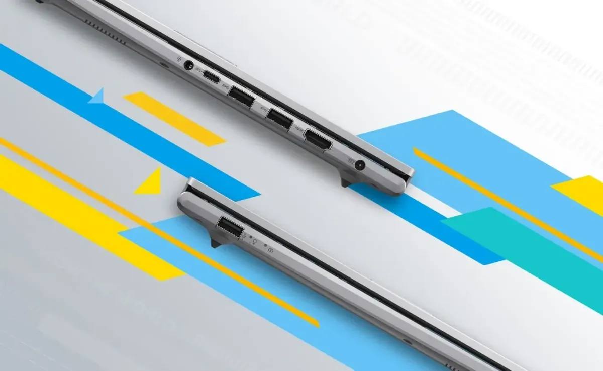 The side view of Vivobook 15 highlighting USB Type-C, Type-A, HDMI, and audio ports