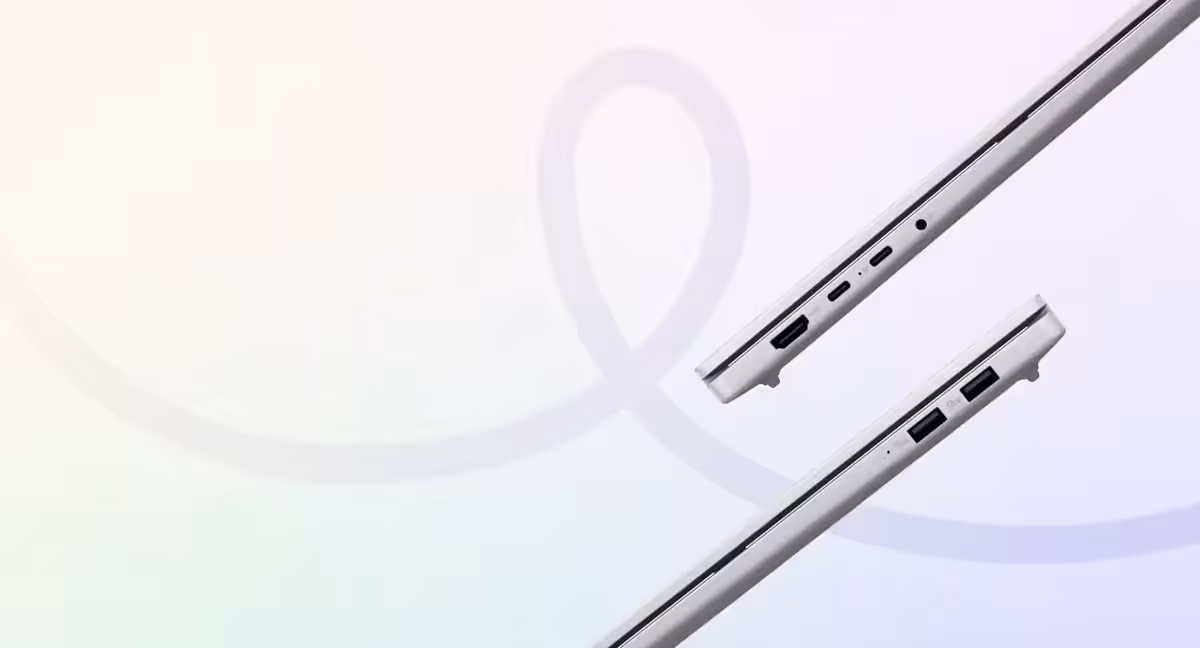 Laptop side view highlighting built-in ports: USB-C, USB-A, HDMI, and audio jack,