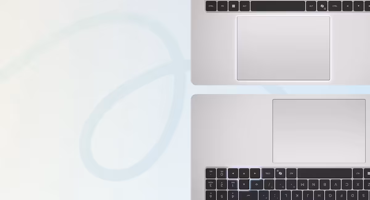 Viewed from the top, the image shows laptop’s touchpad. Swiping left adjusts the volume, swiping right controls brightness, and swiping upward scrubs through the video timeline.