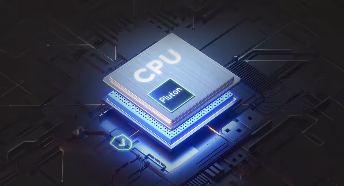 A glowing silver CPU chip labeled “Pluton” sits on a dark circuit board, accompanied by a small green security shield icon.