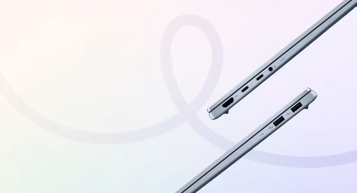 Laptop side view highlighting built-in ports: USB-C, USB-A, HDMI, and audio jack,