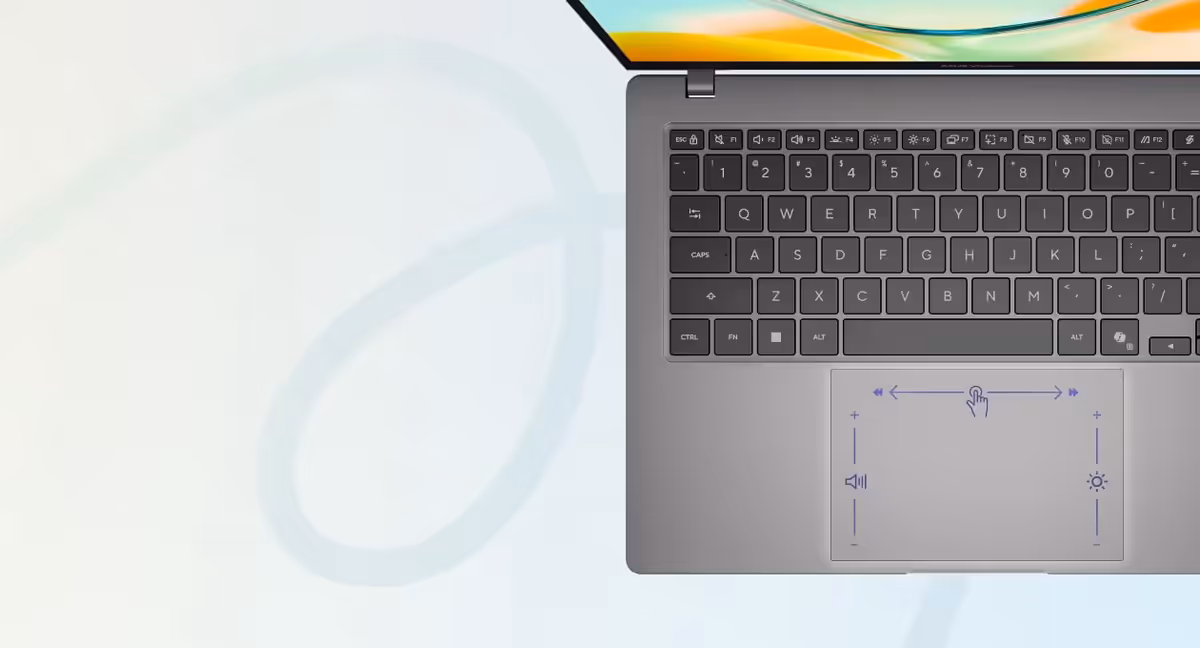Viewed from the top, the image shows laptop’s touchpad with smart gesture controls. Swiping left adjusts the volume, swiping right controls brightness, and swiping upward scrubs through the video timeline.