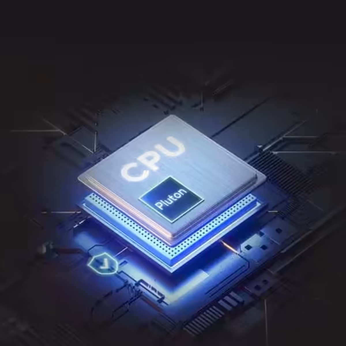 The image shows the relative positions of the CPU and Pluton processor in the image.