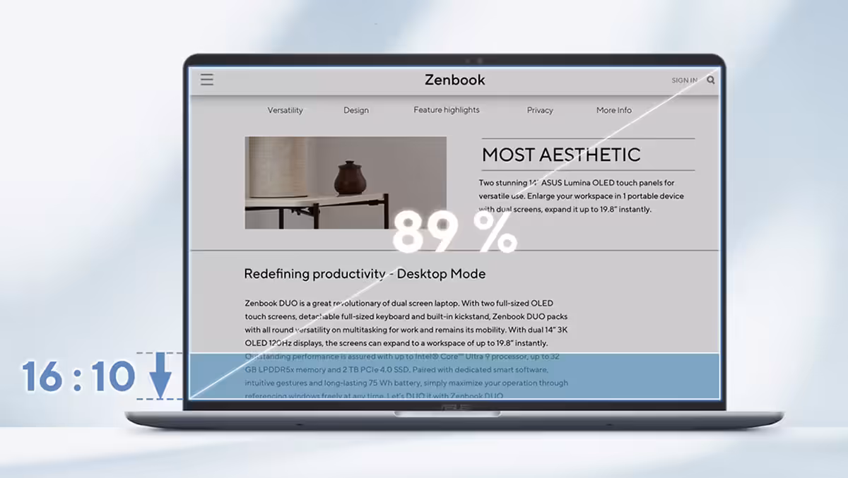 ASUS Zenbook 14 showing a 16:10 display and up to 89% screen-to-body ratio