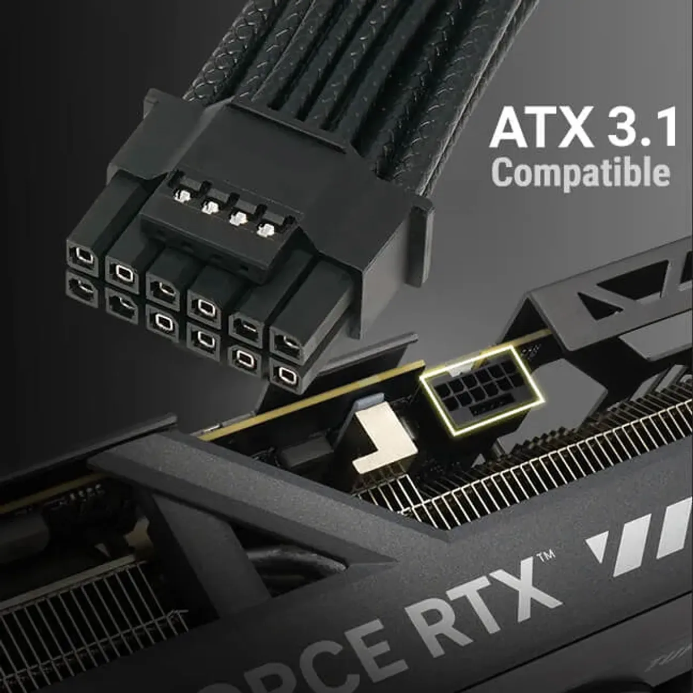 Close-up of a black ATX 3.1 compatible power connector and graphics card power connector