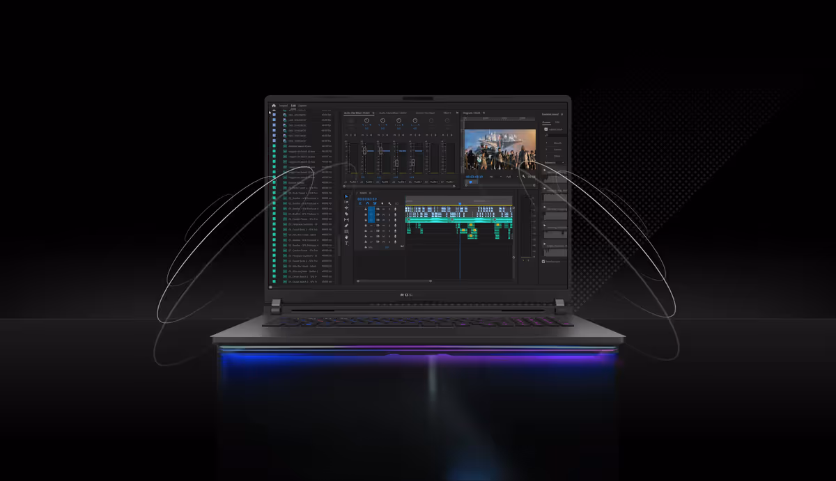 Front view of the ROG Strix SCAR 18 with Dolby Atmos speakers for immersive audio and clear communication.