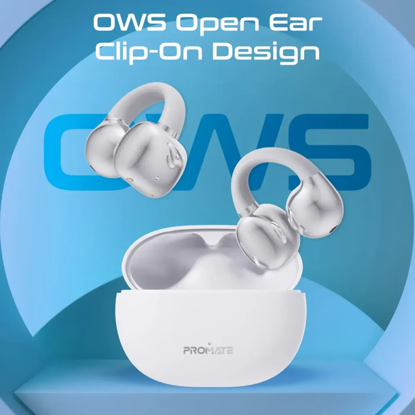 Promate AudioFit open ear clip-on wireless earbuds in white with charging case