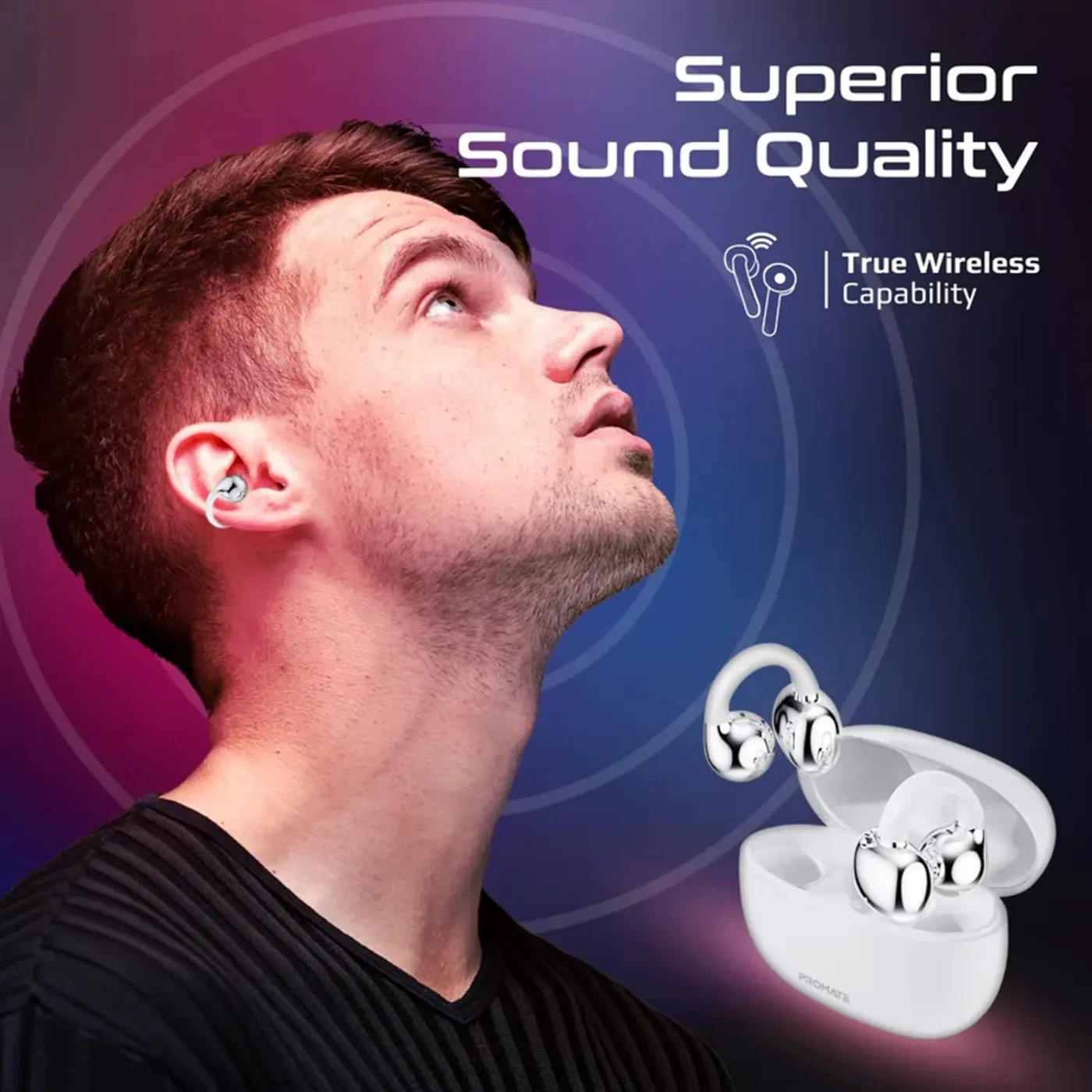 White AudioFit open ear earbud angled to show its acoustic housing