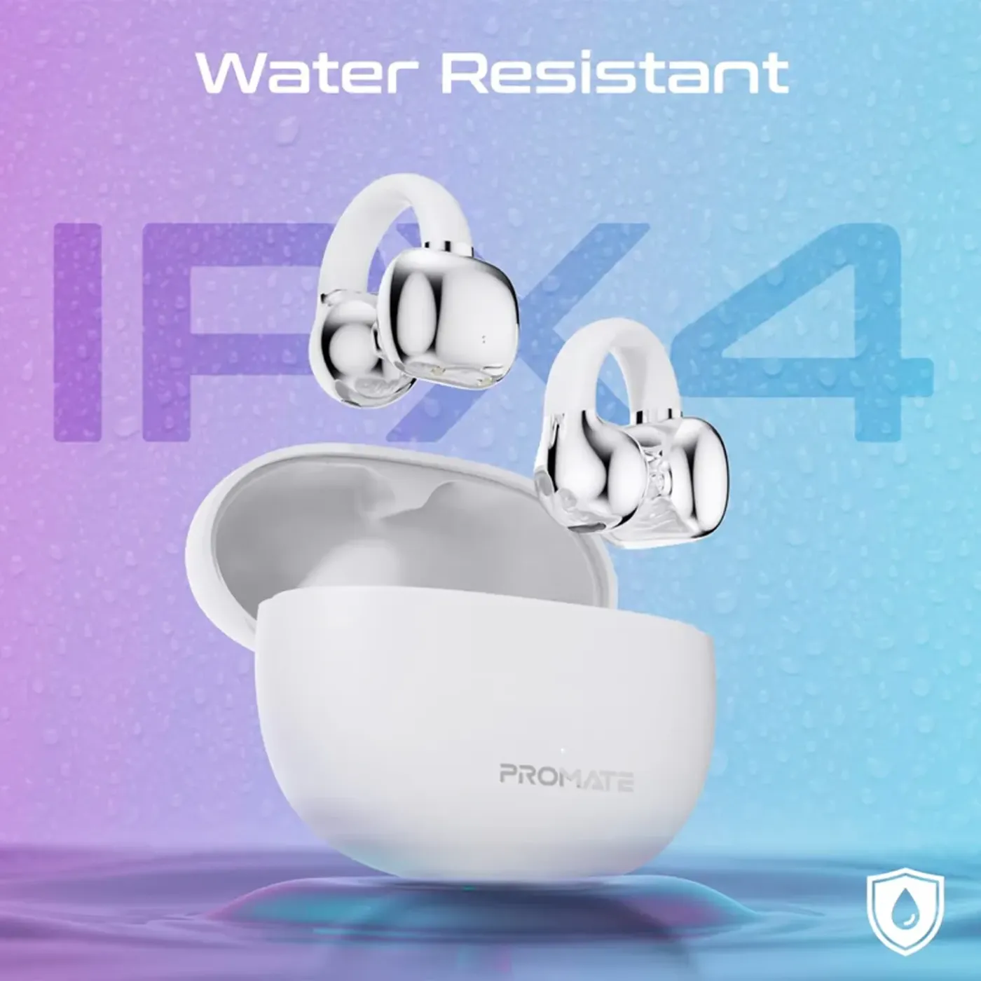 White AudioFit earbuds beaded with water showing IPX4 resistance