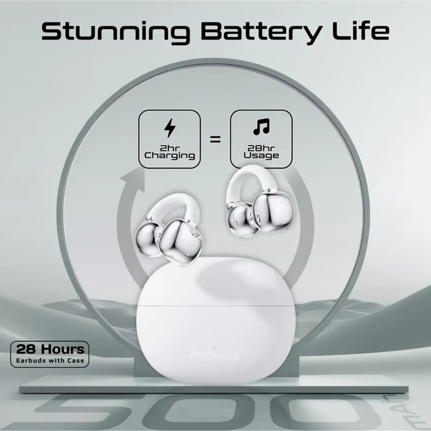 White AudioFit earbuds resting inside the open 500mAh charging case