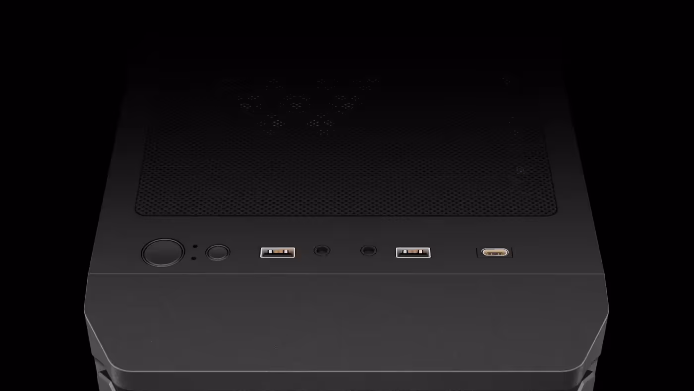 Top-mounted I/O panel with USB, Type-C, and LED control button