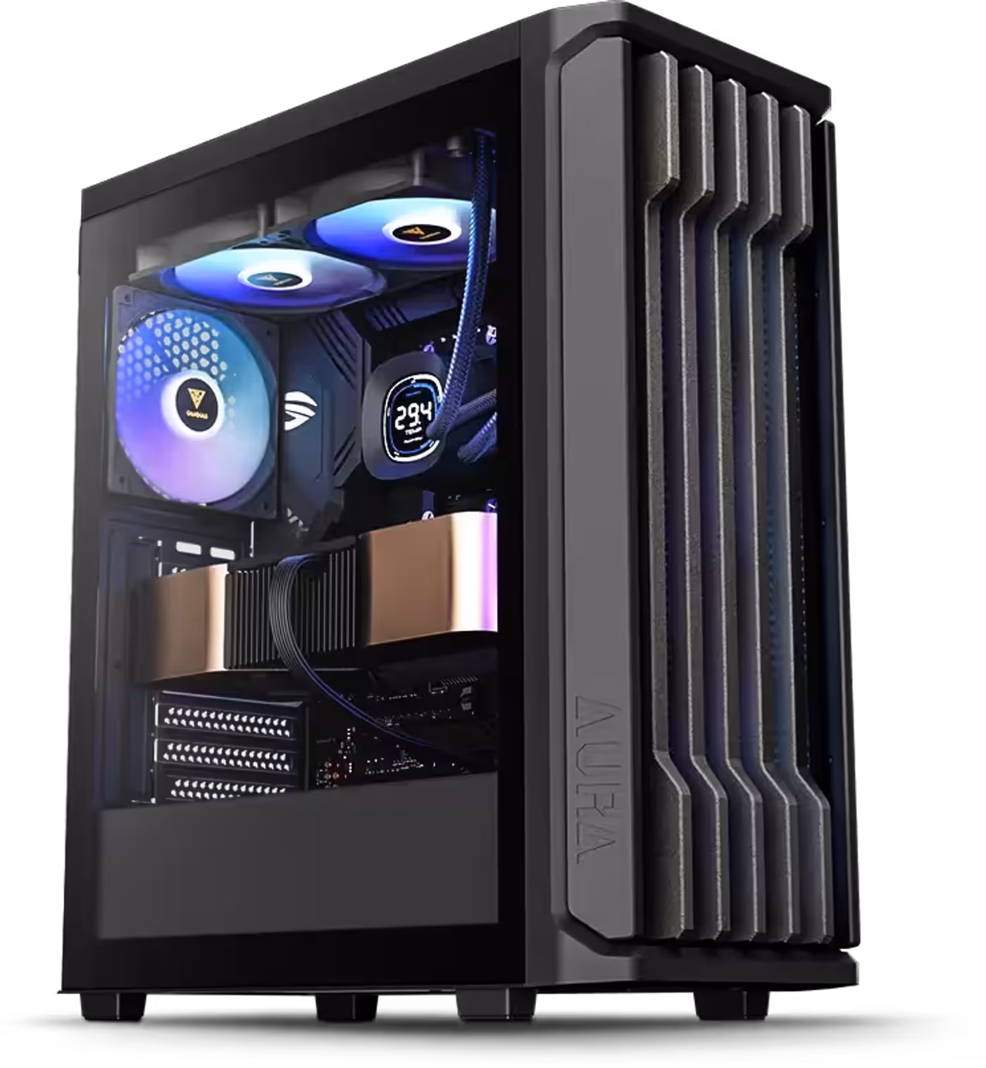 AURA GC11 ARGB mid-tower case with vertical grill and glass panel