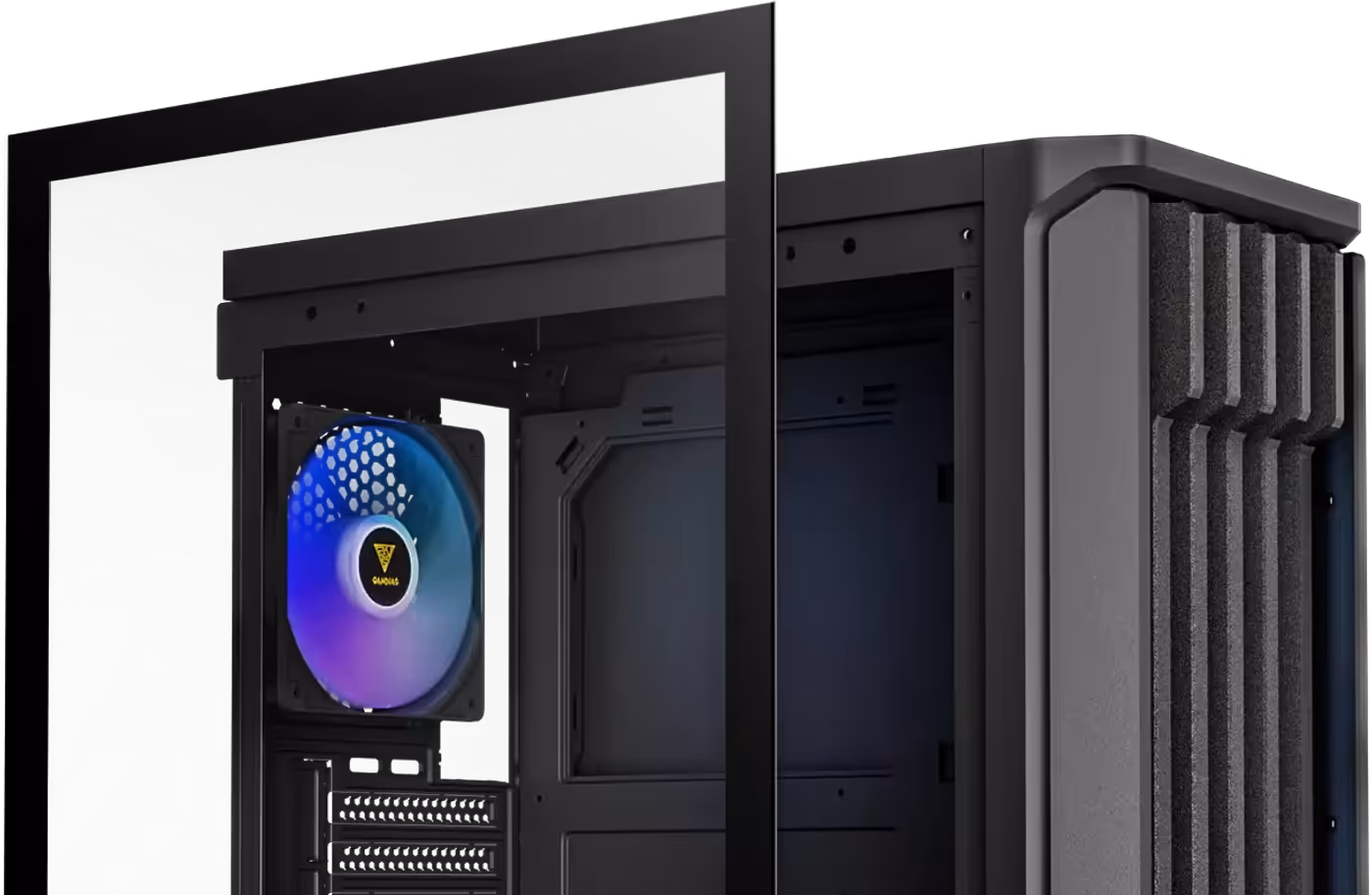 Panoramic tempered glass side panel with tool-free access