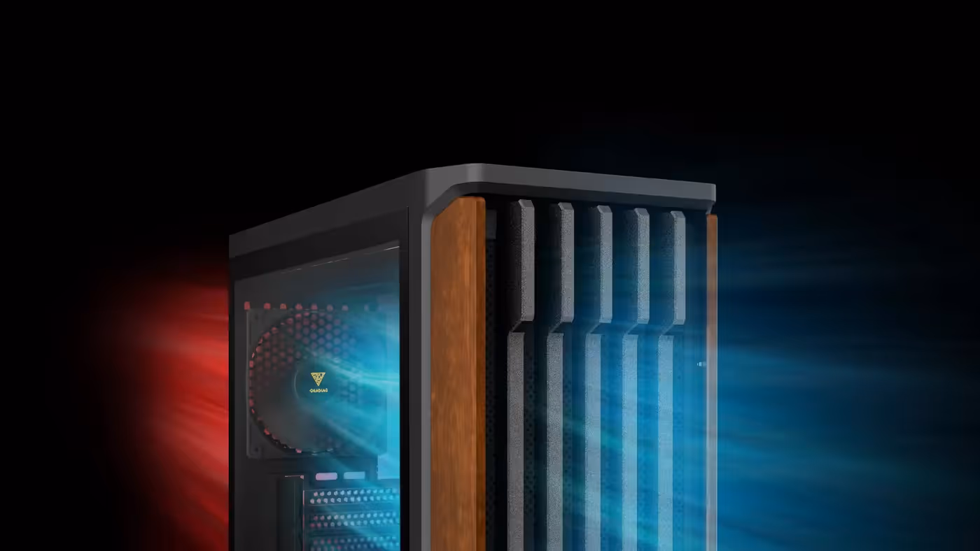 Front view of AURA GC11 WOOD case with mesh panel and wood accents
