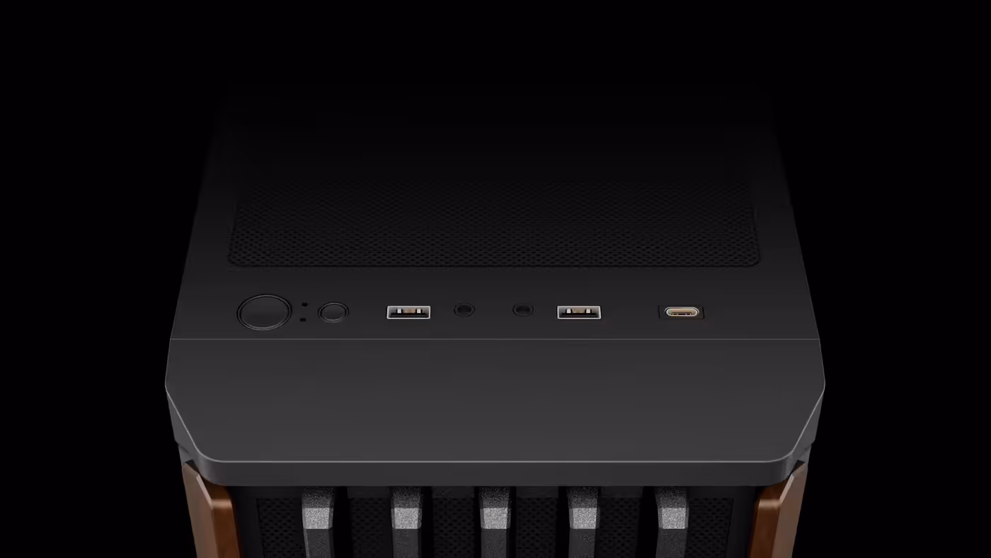Top-mounted I/O panel featuring USB, Type-C, and audio connectivity