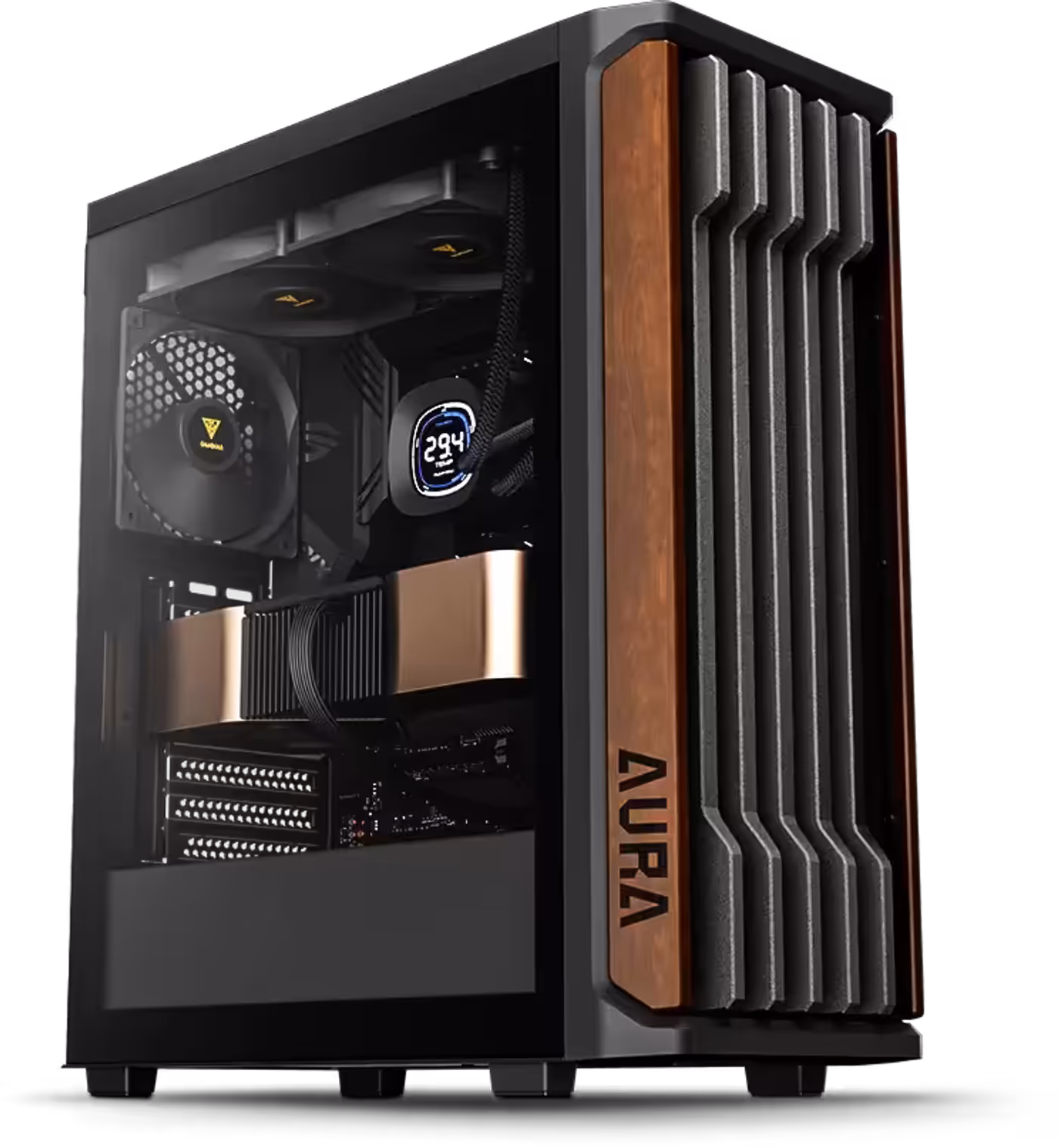 AURA GC11 WOOD mid-tower case featuring wood accents and tempered glass side panel