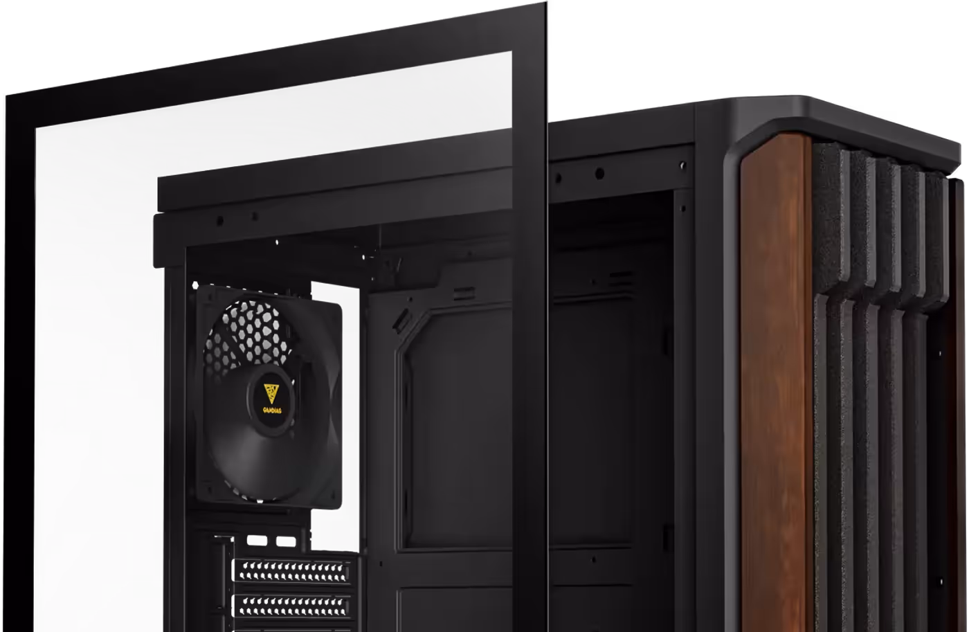 Panoramic tempered glass side panel with tool-free access mechanism