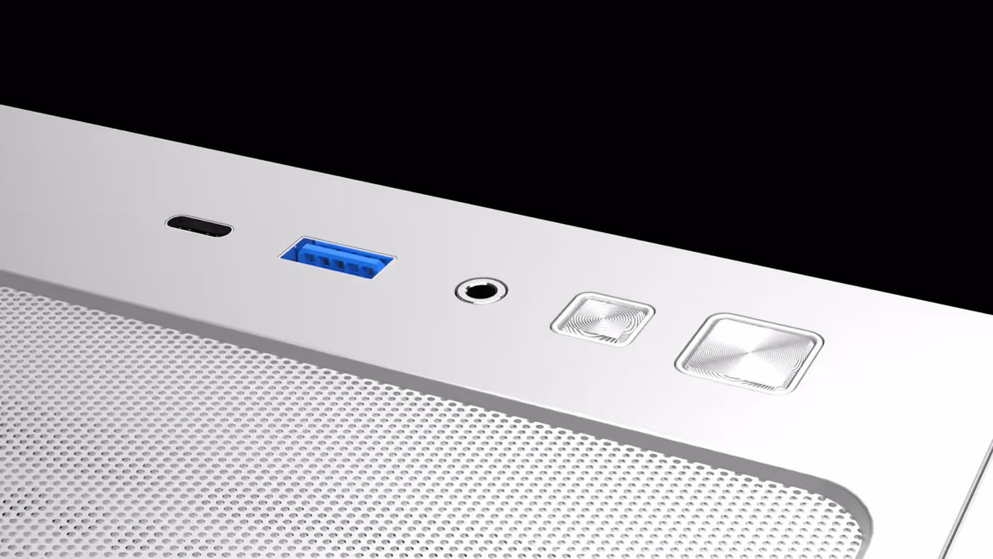 Top-mounted I/O panel featuring USB, Type-C, LED switch, and HD Audio ports