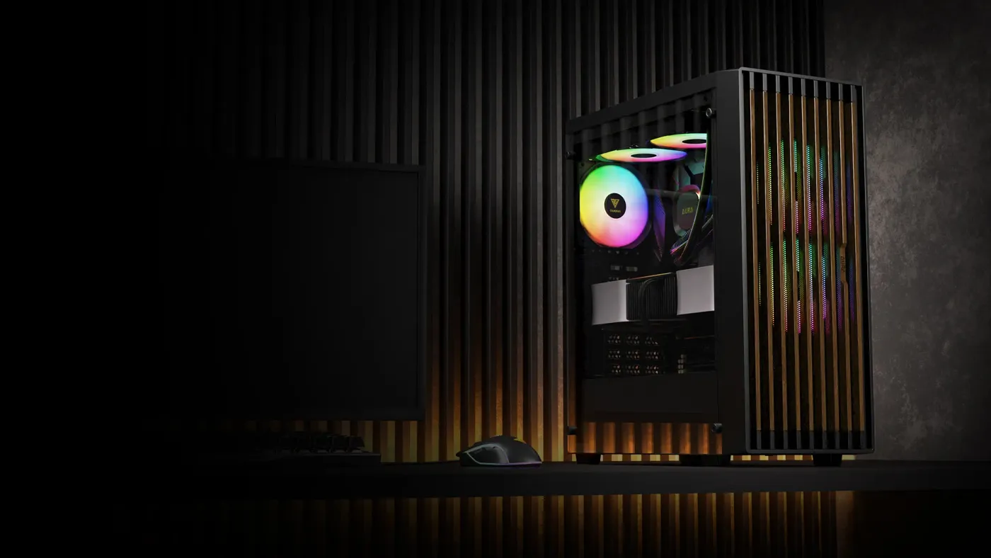 AURA GC4 ARGB mid-tower case featuring a real walnut wood and mesh front panel