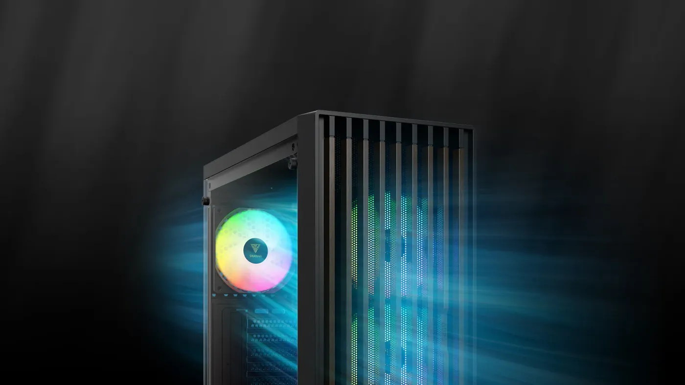 Front view of the walnut wood panel with three preinstalled ARGB fans