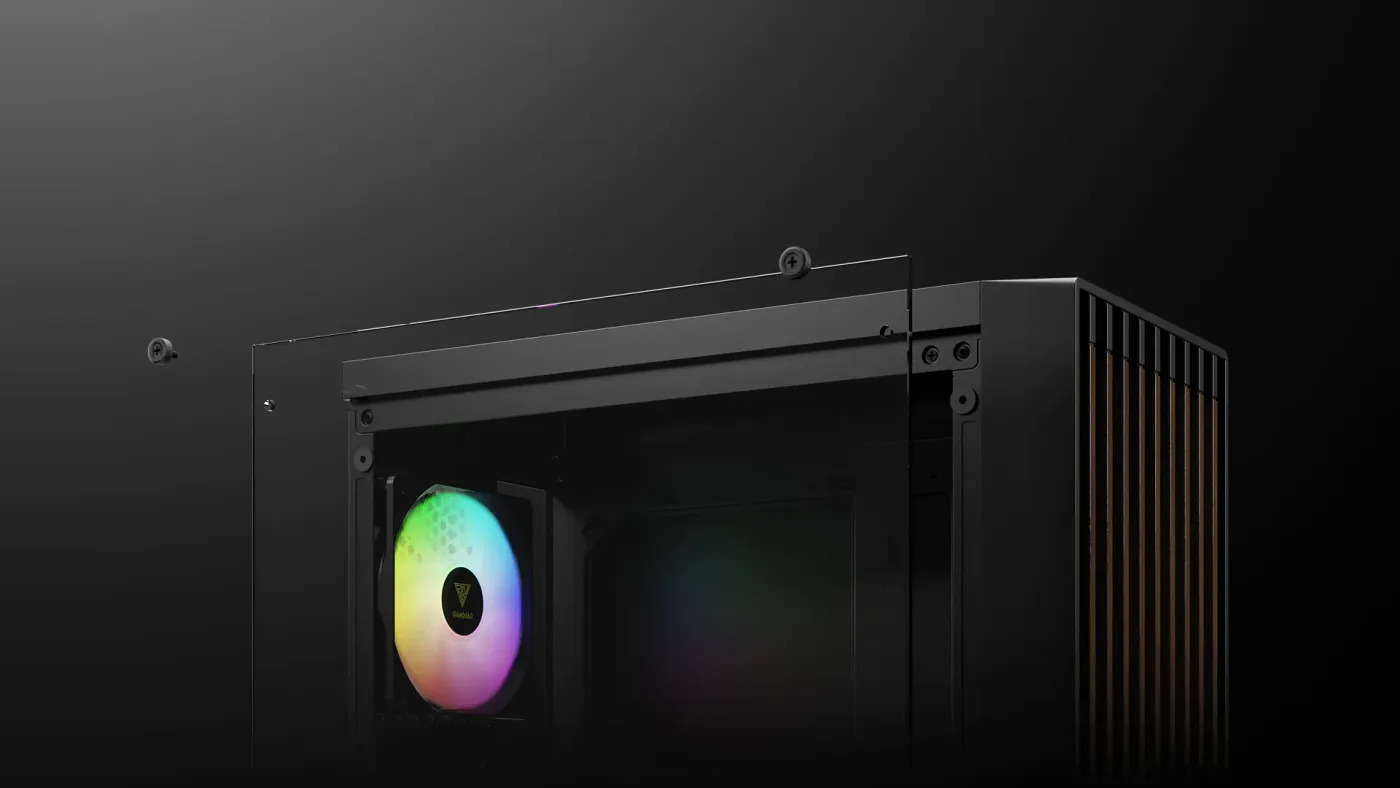 Panoramic tempered glass side panel showcasing the internal components of the PC case