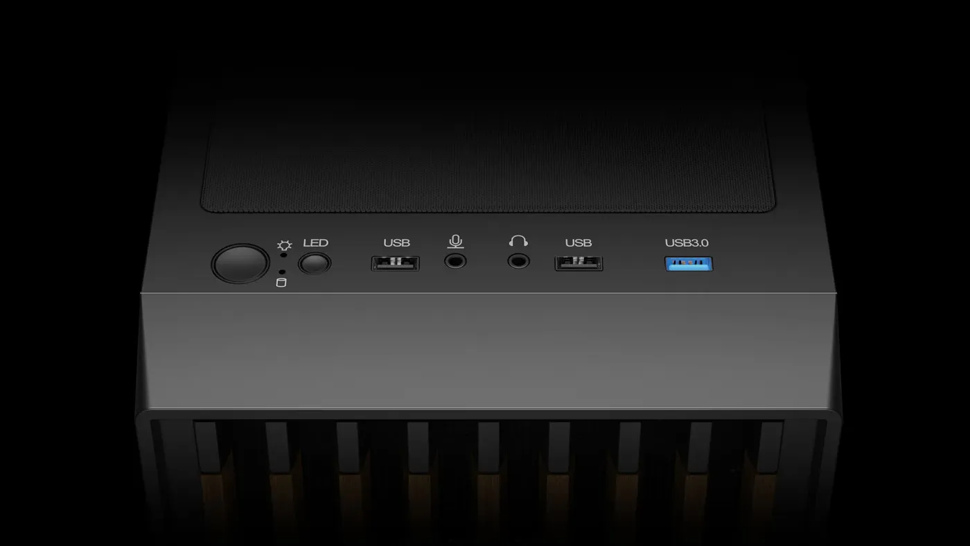 Close-up of the top-front I/O panel featuring USB 3.0 and LED switch