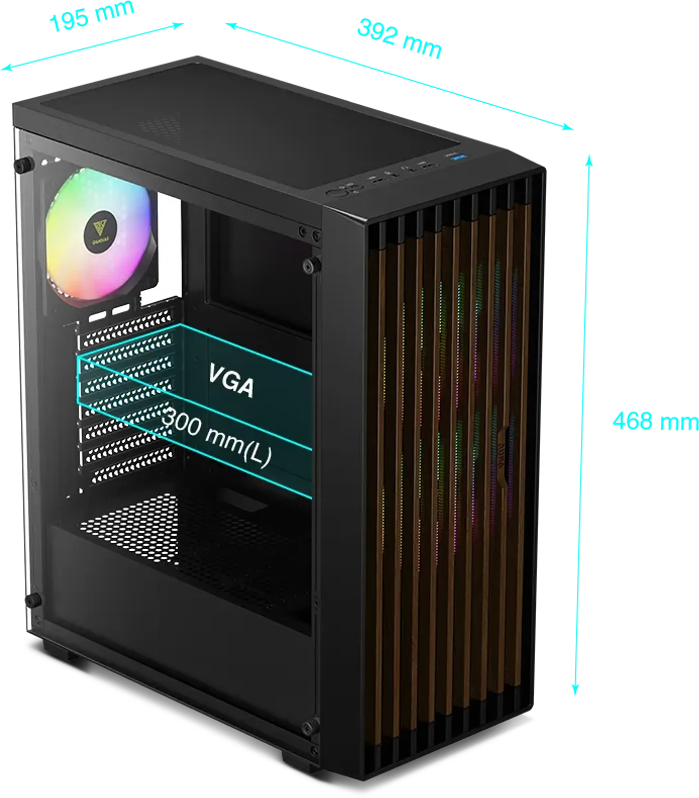 Internal layout of the AURA GC4 case showing 300mm GPU support and PSU shroud