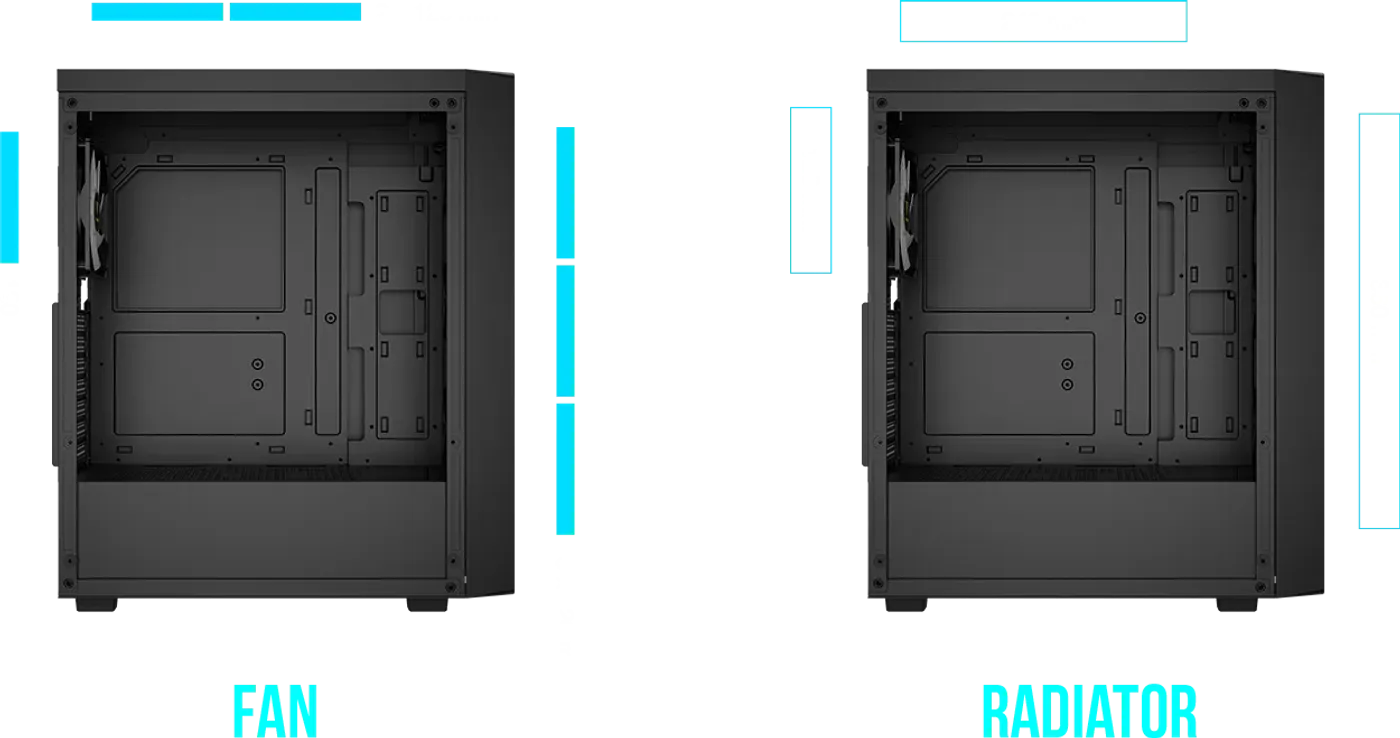 Visual guide of fan and radiator mounting positions for the mid-tower case