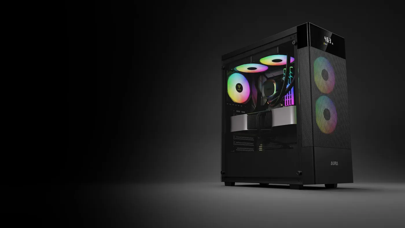 AURA GC5 ELITE ARGB mid-tower case featuring a mesh front panel and digital monitoring display