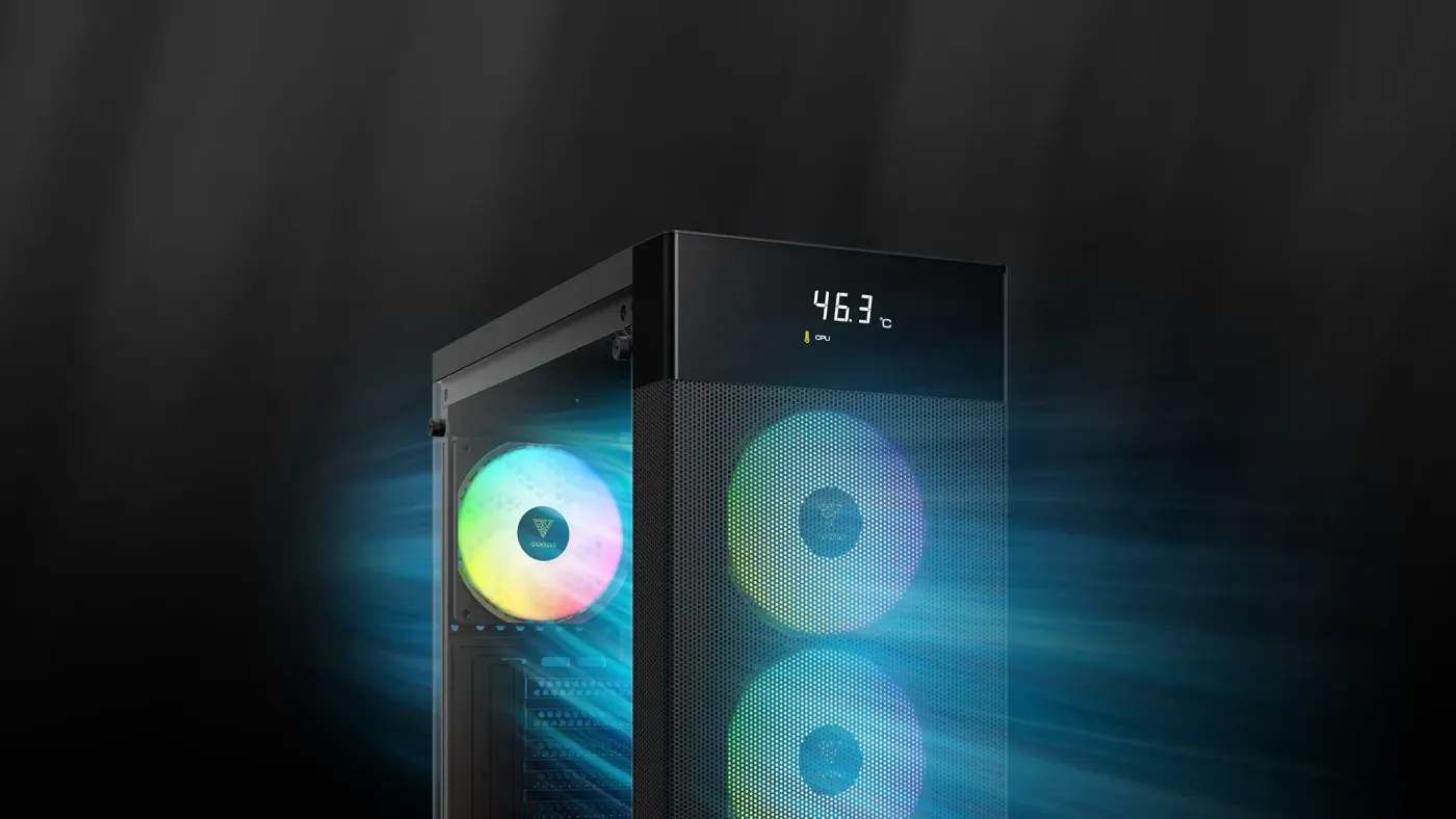 Digital status screen on a PC case showing real-time temperature data for CPU and GPU