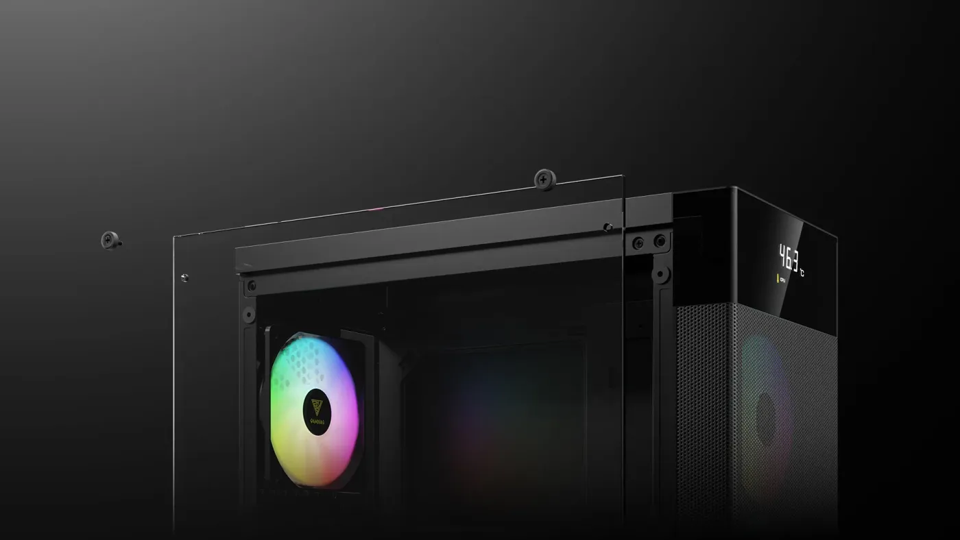 Panoramic tempered glass side panel of the AURA GC5 ELITE ARGB showing internal visibility