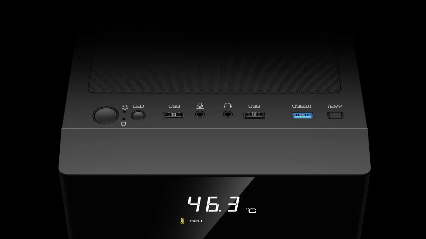 Top front I/O panel with USB 3.0, LED switch, and monitor mode buttons