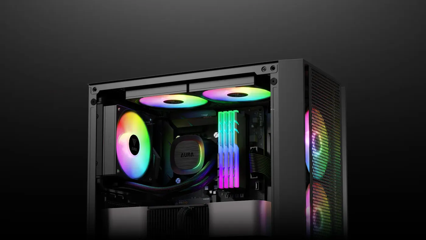 Close-up of the elegant brushed plating pump head with ARGB lighting