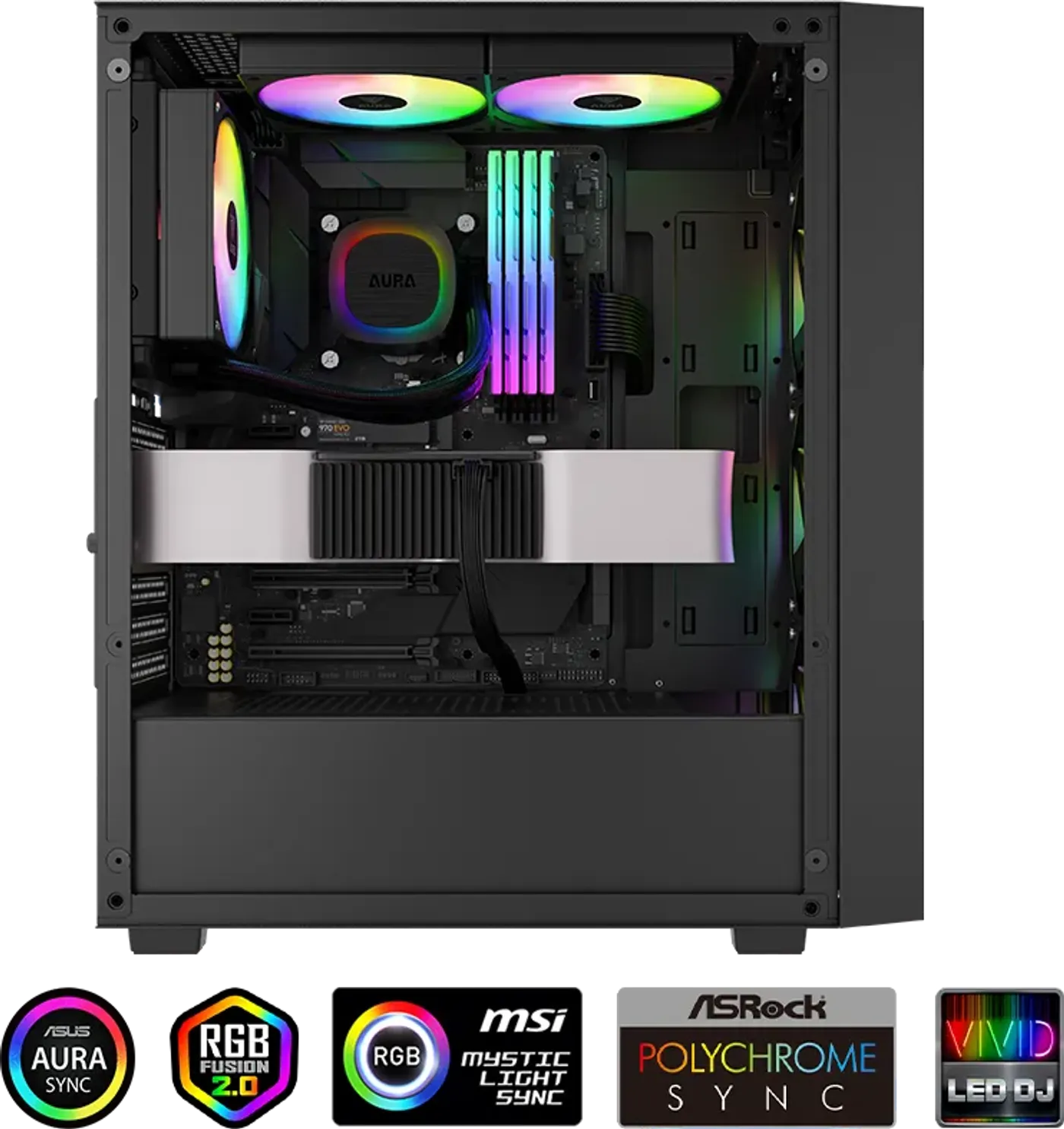 ARGB liquid cooler showing 30 built-in lighting effects and 5V 3-Pin sync support