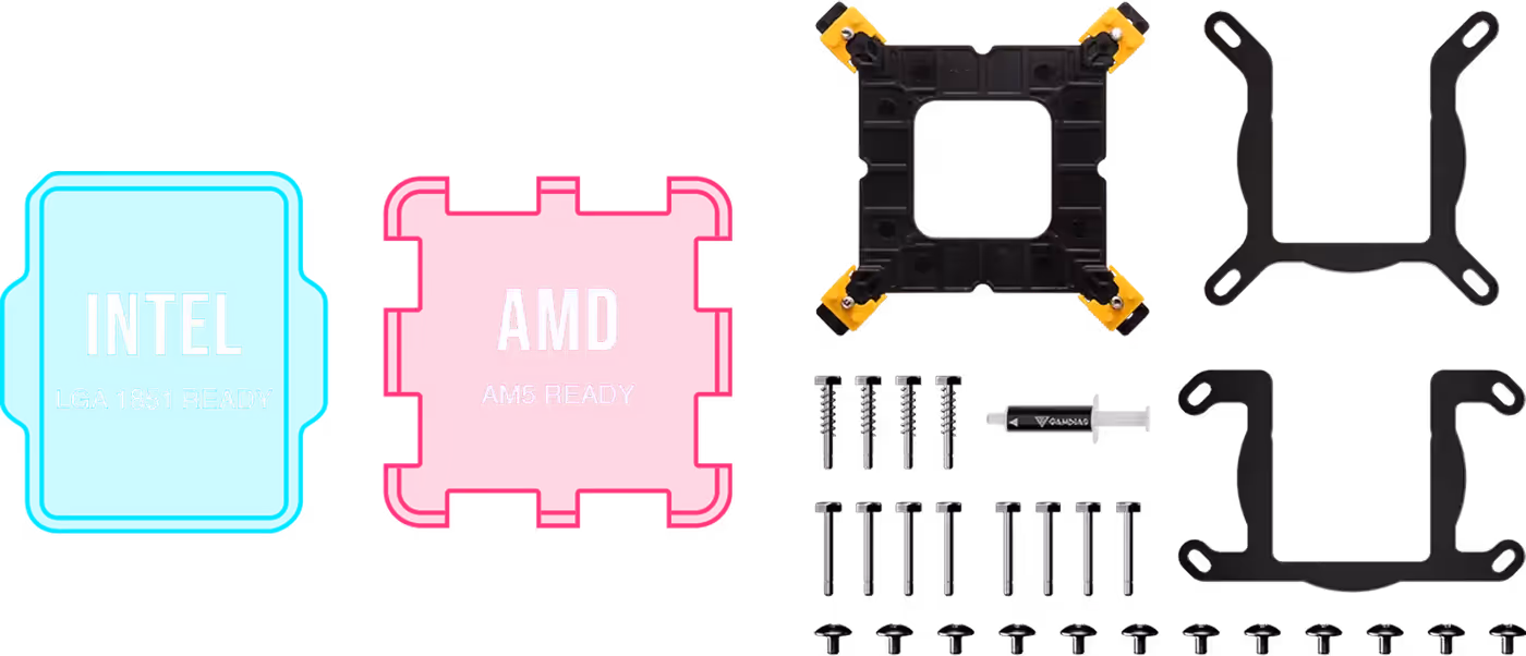 Universal mounting kit components for Intel and AMD socket compatibility