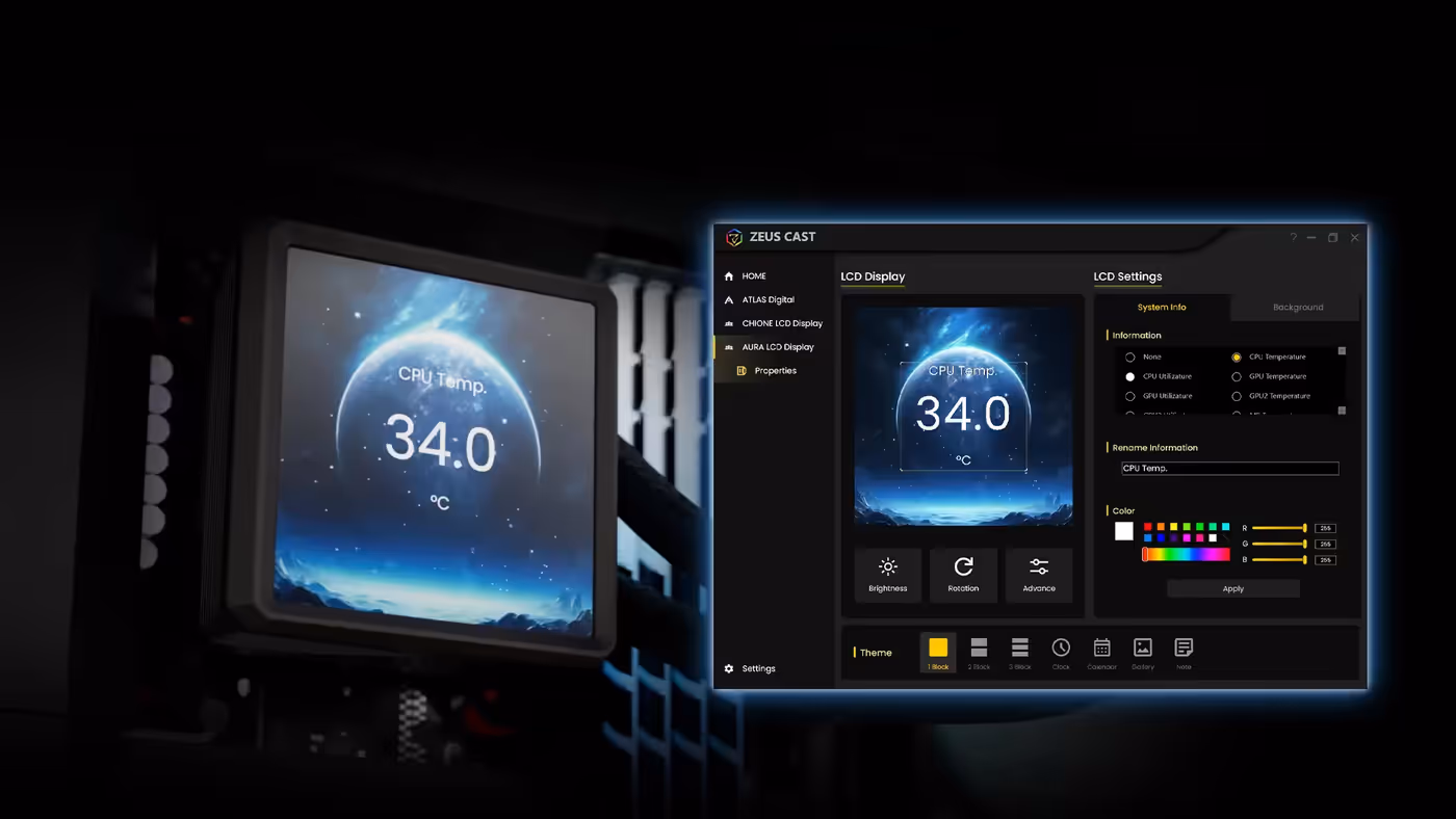 Interface of the ZEUS CAST software for display customization