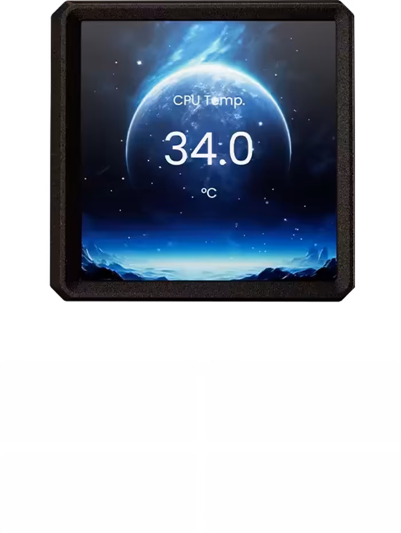 Close-up of the customizable 4-inch IPS LCD display showing system stats