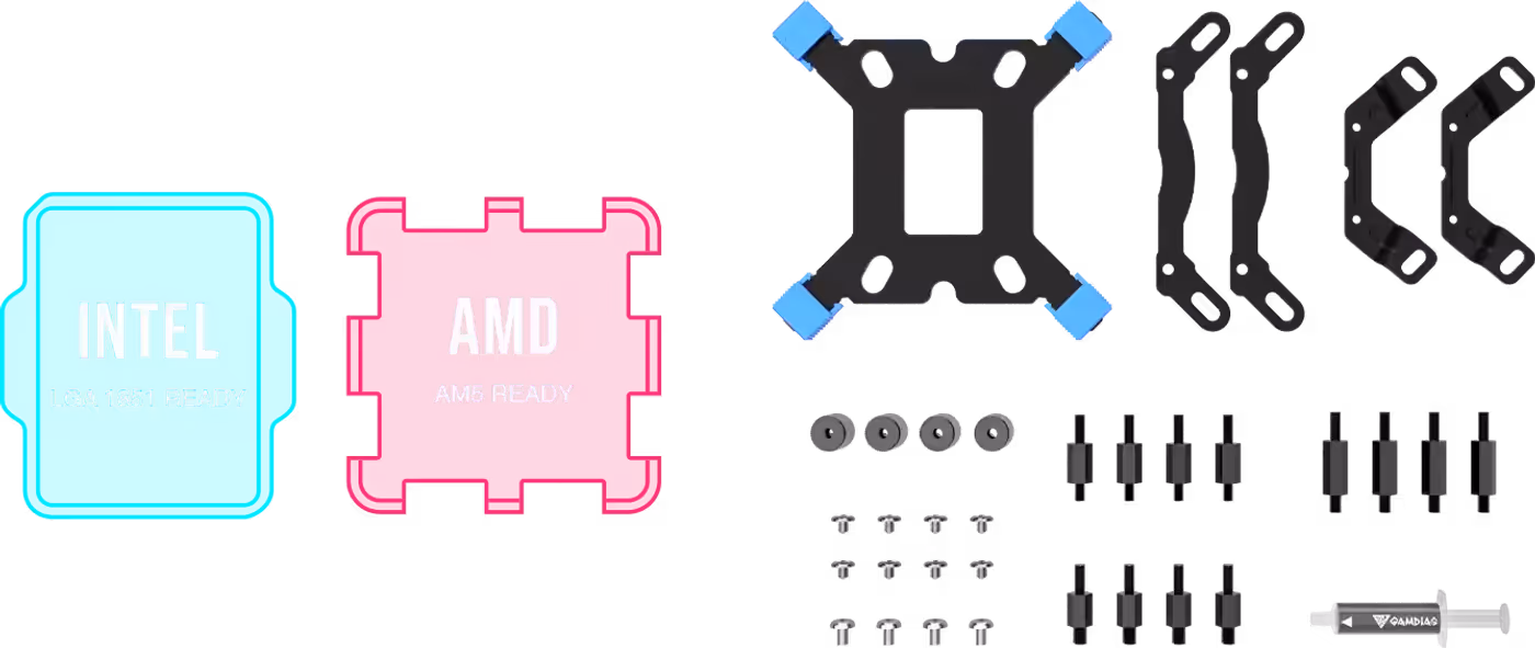 Universal mounting hardware compatible with Intel LGA 1851 and AMD AM5 sockets