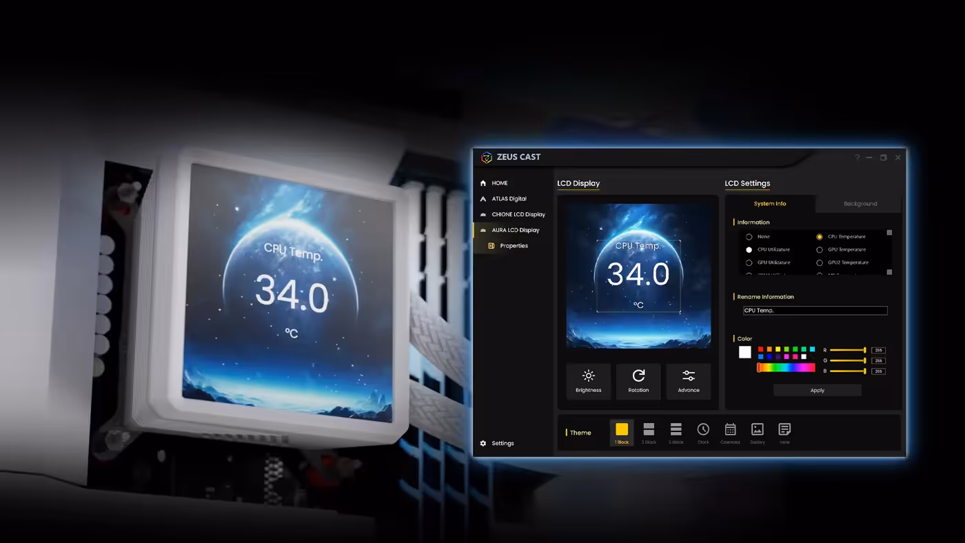 Customizing LCD display settings using ZEUS CAST software interface