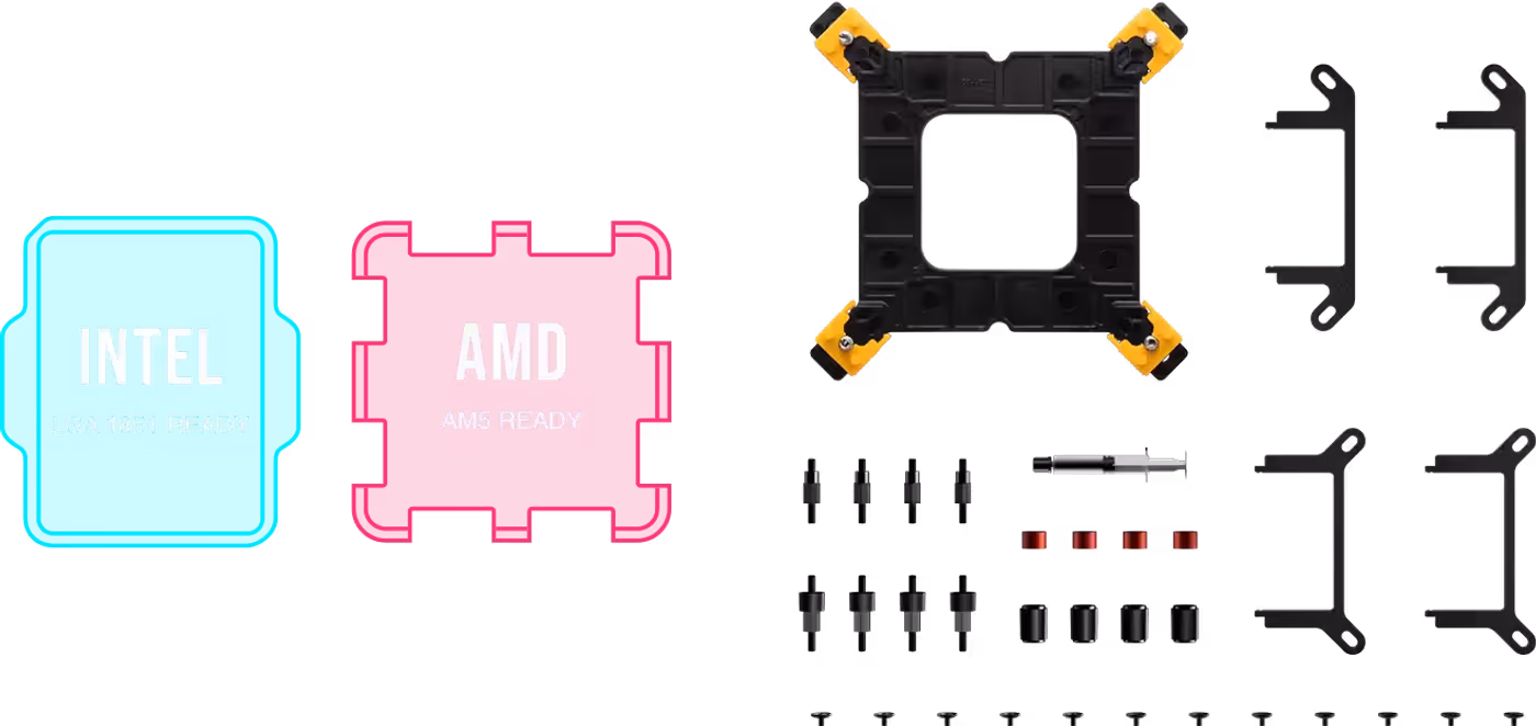 Cooling unit showing universal mounting compatibility for Intel and AMD