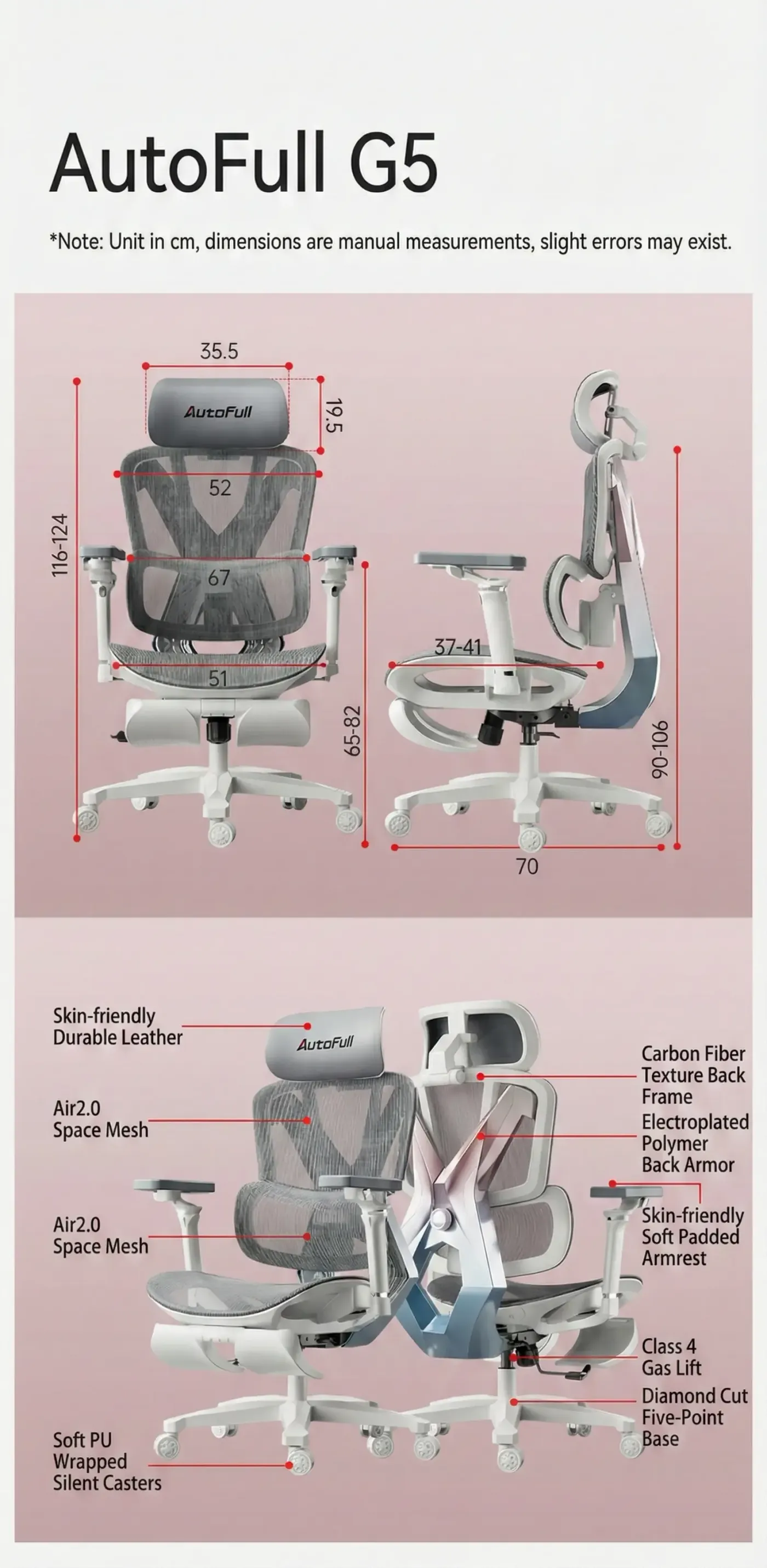 AutoFull G5 gaming chair shown in profile with full height indicated