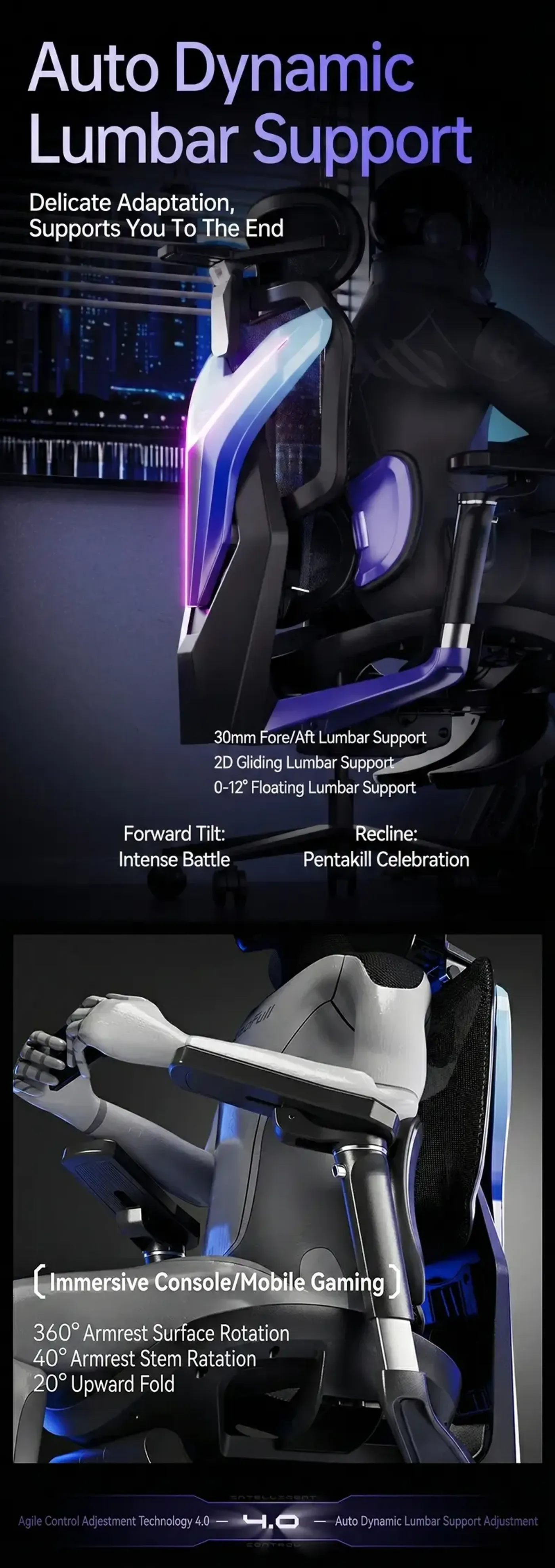 4D dual-axis floating headrest on the AutoFull G7 backrest
