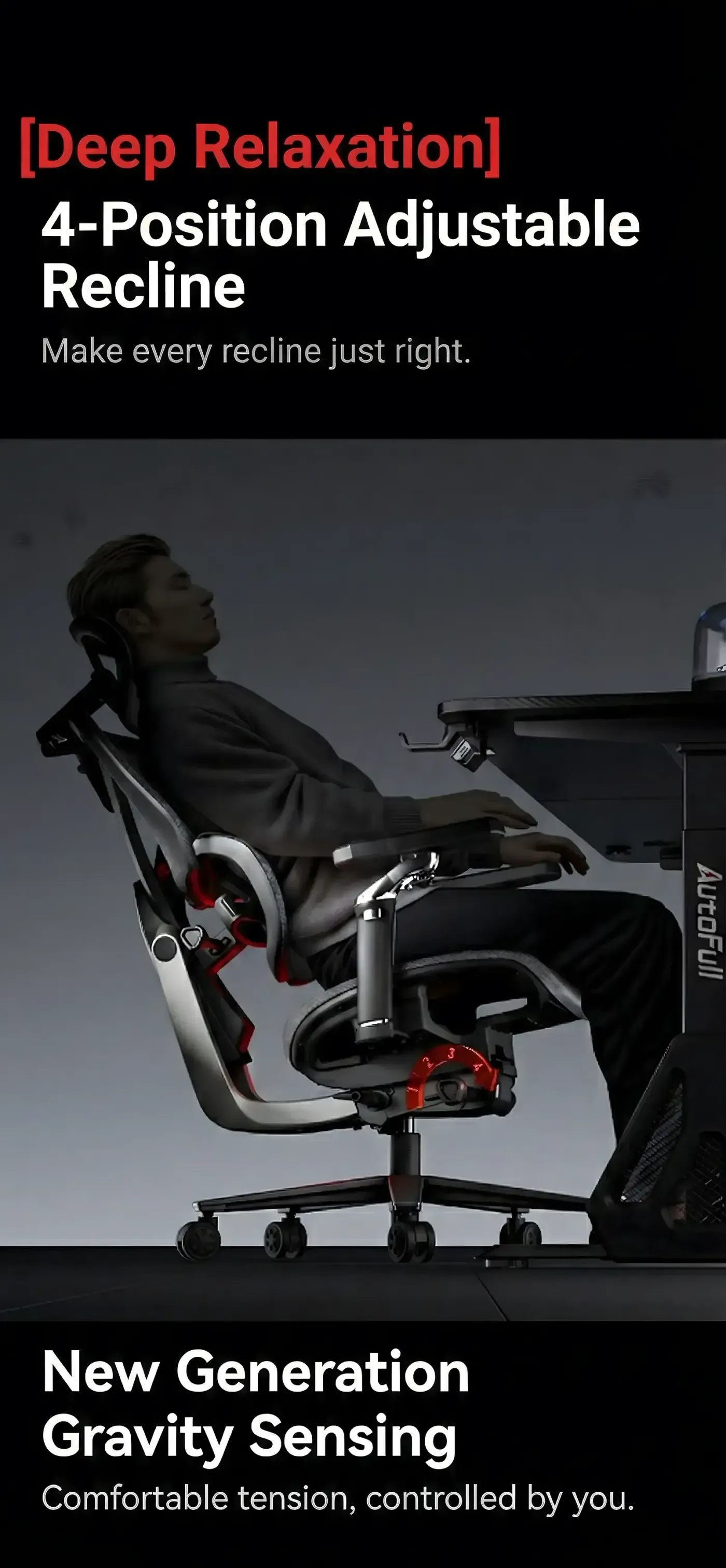 AutoFull G9 armrest flipped upward to clear a desk