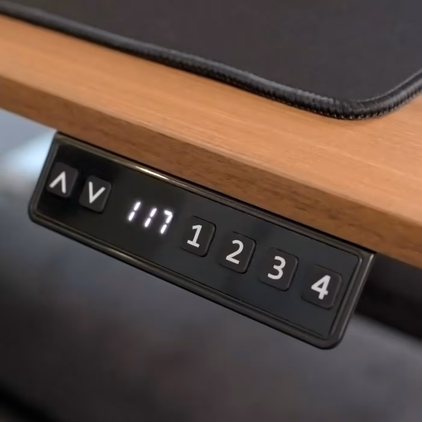 Electric height adjustment control panel with LED display showing motorized desk positioning